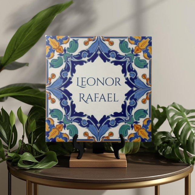 Azulejo Bunte Namensschild-Plakette  Fliese (Azulejo Mediterranean Blue & White Custom House Name Or Family Name Plaque Sign Square Ceramic Tile)