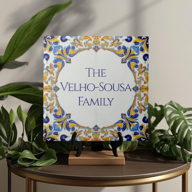 Azulejo Bunte Namensschild-Plakette  Fliese (Azulejo Mediterranean Blue & White Custom House Name Or Family Name Plaque Sign Square Ceramic Tile)