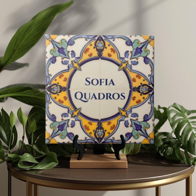 Azulejo Bunte Namensschild-Plakette Schild Fliese (Azulejo Mediterranean Blue & White Custom House Name Or Family Name Plaque Sign Square Ceramic Tile)