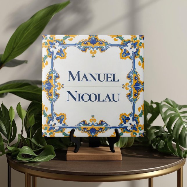 Azulejo Bunte Namensschild Tafel Schild  Fliese (Azulejo Mediterranean Blue & White Custom House Name Or Family Name Plaque Sign Square Ceramic Tile)