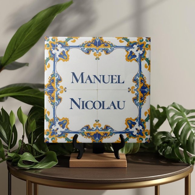 Azulejo Bunte Namensschild Tafel Schild  Fliese (Azulejo Mediterranean Blue & White Custom House Name Or Family Name Plaque Sign Square Ceramic Tile)