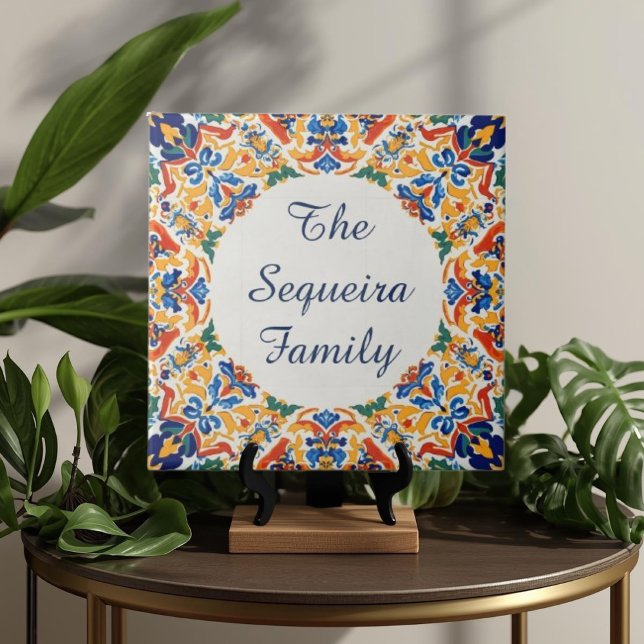 Azulejo Buntes individuelles Namensschild Schild Z Fliese (Azulejo Mediterranean Blue & White Custom House Name Or Family Name Plaque Sign Square Ceramic Tile)