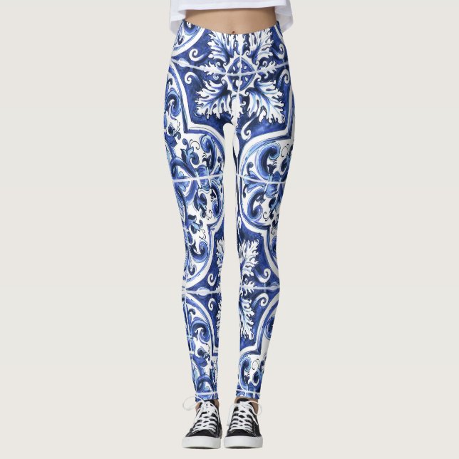 Azulejo Dolce Tile Pattern Leggings Blue Keramik (Vorderseite)