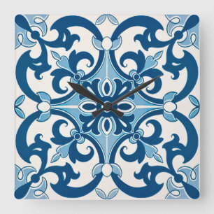 Azulejo Fleur De Lis Style Pattern Quadratische Wanduhr