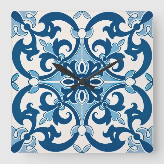 Azulejo Fleur De Lis Style Pattern Quadratische Wanduhr (Vorderseite)