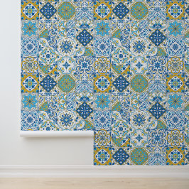 Azulejo-Fliesen in Blau und Gelb Tapete