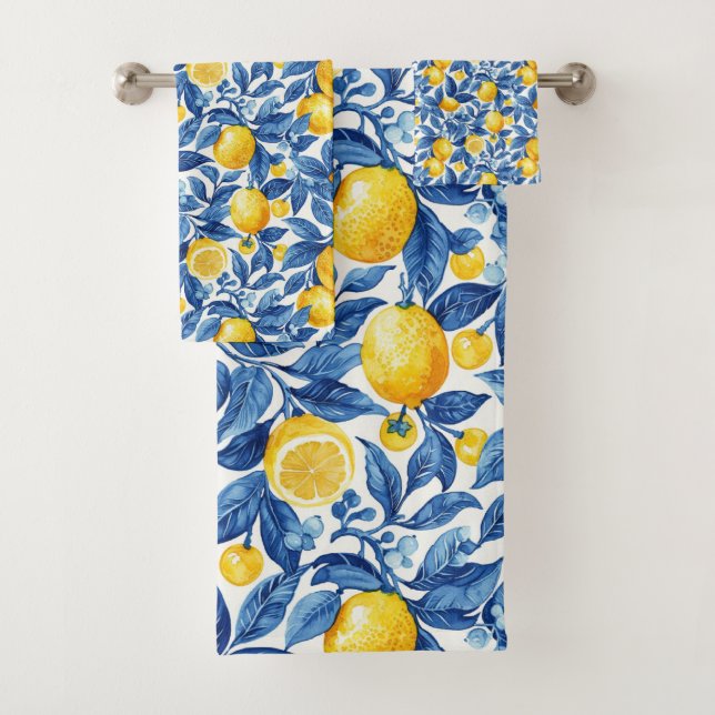Azulejo Lemons Blue Blätter Badhandtuch Set (Insitu)