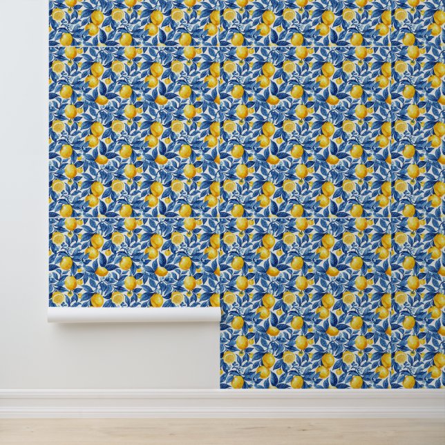 Azulejo Lemons Blue Blätter Tapete (Anwendung)