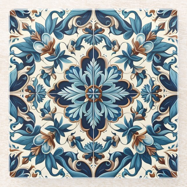 Azulejo Porcelain Blaues Fliesenmuster Glasuntersetzer (Vorderseite)
