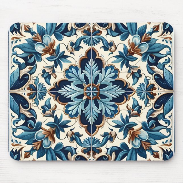 Azulejo Porcelain Blaues Fliesenmuster Mousepad (Vorne)