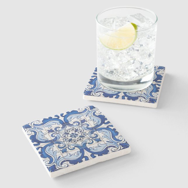 Azulejo portugiesisches Muster Steinuntersetzer (Seitenansicht)
