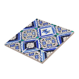 Azulejo-Spanische Fliesen in Navy-Weiß mit Monogra