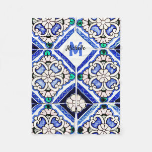 Azulejo Spanische Fliesen in Navy Weiß Monogramm Fleecedecke