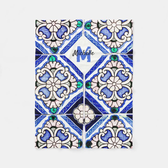 Azulejo Spanische Fliesen in Navy Weiß Monogramm  Fleecedecke (Vorderseite)