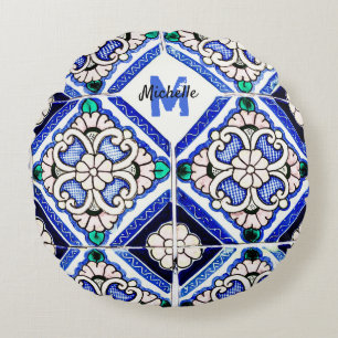 Azulejo Spanische Fliesen in Navy Weiß Monogramm Rundes Kissen