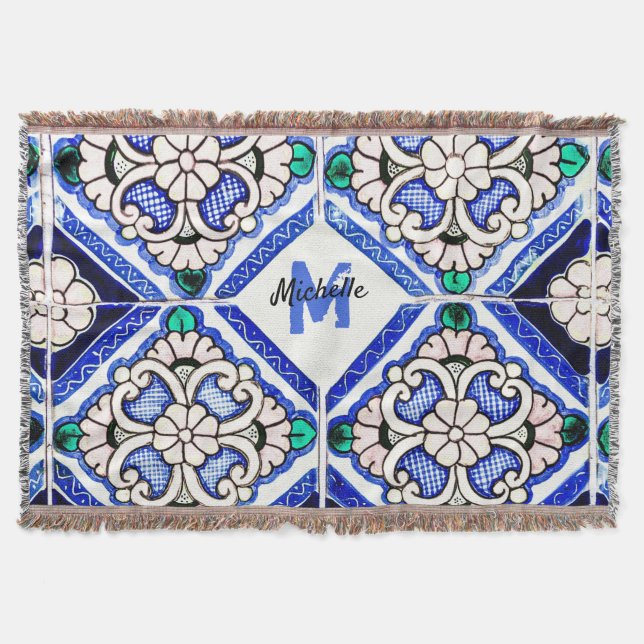 Azulejo-Spanische Musterfliesen Navy Weiß Monogram Decke (Vorderseite)