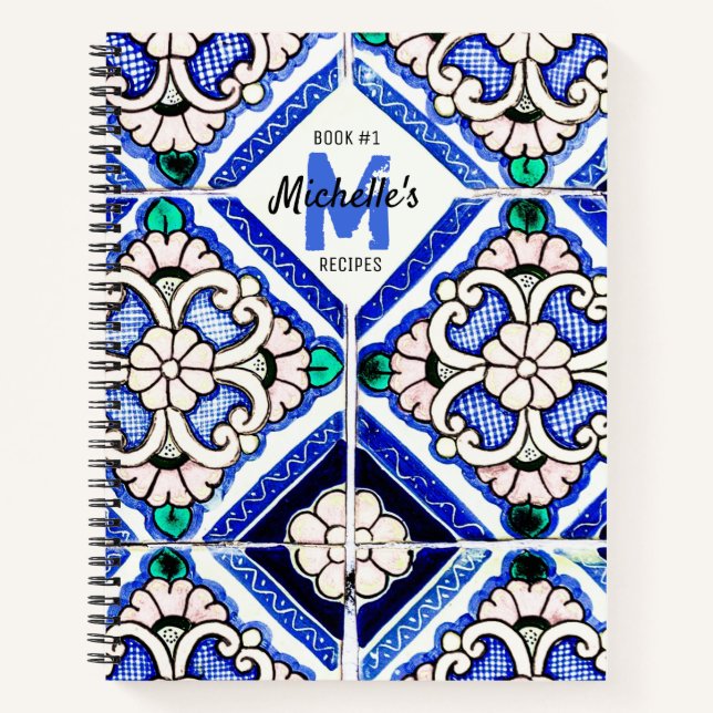 Azulejo Spanisches Muster Tiles Navy weiße Rezepte Notizbuch (Vorderseite)
