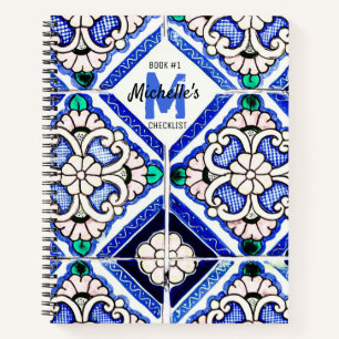 Azulejo Spanish Pattern Tiles Navy White Checklist Notizbuch