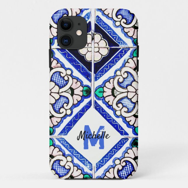 Azulejo Spanish Pattern Tiles Navy White Monogram Case-Mate iPhone Hülle (Rückseite)