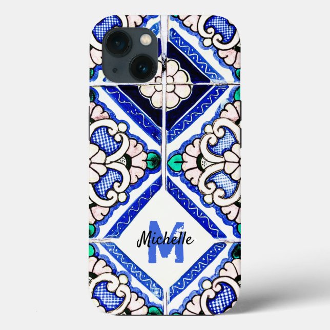Azulejo Spanish Pattern Tiles Navy White Monogram Case-Mate iPhone Hülle (Rückseite)