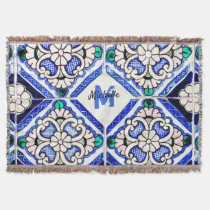 Azulejo Spanish Pattern Tiles Navy White Monogram Decke
