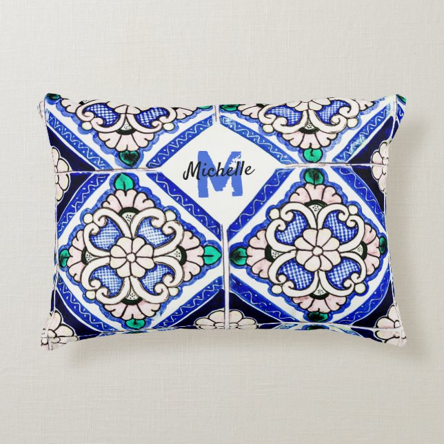 Azulejo Spanish Pattern Tiles Navy White Monogram Dekokissen (Vorderseite)