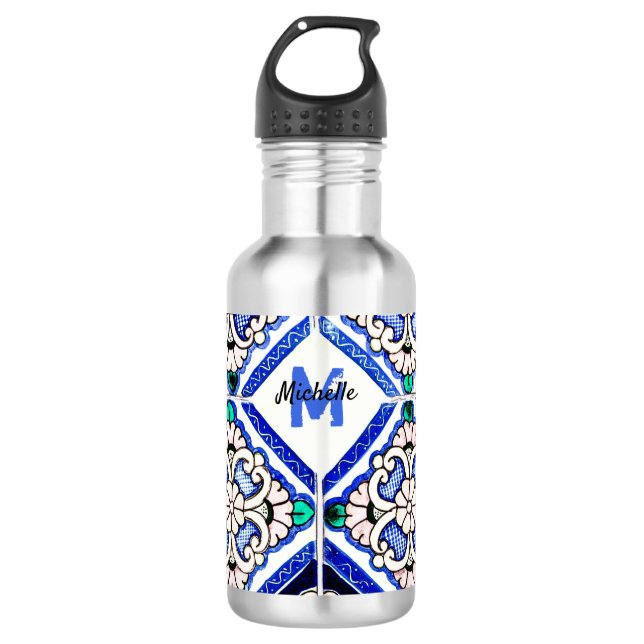 Azulejo Spanish Pattern Tiles Navy White Monogram Edelstahlflasche (Vorderseite)