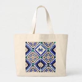 Azulejo Spanish Pattern Tiles Navy White Monogram Jumbo Stoffbeutel