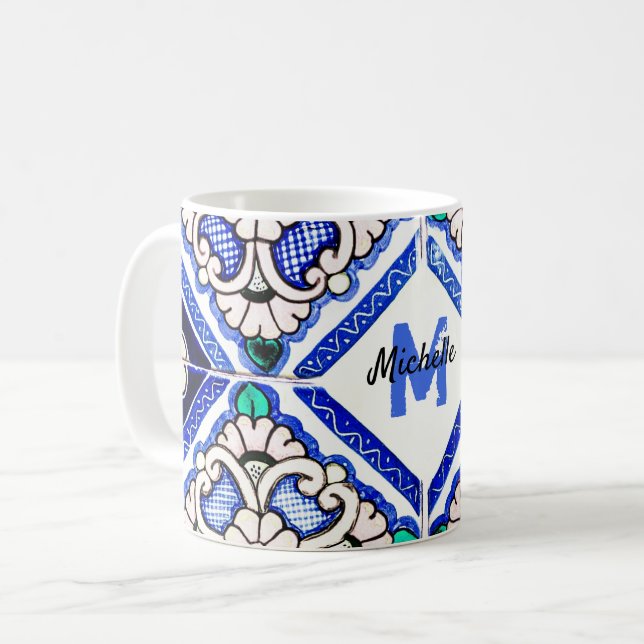 Azulejo Spanish Pattern Tiles Navy White Monogram Kaffeetasse (Vorderseite Links)