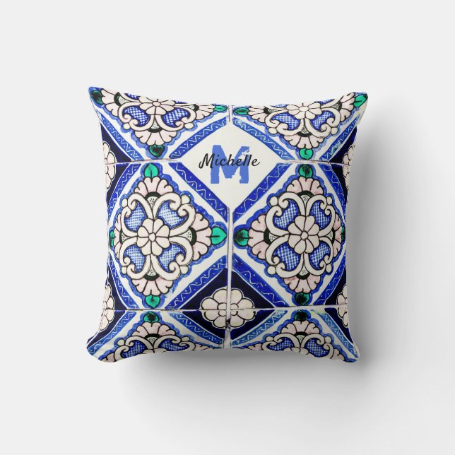 Azulejo Spanish Pattern Tiles Navy White Monogram Kissen (Vorderseite)
