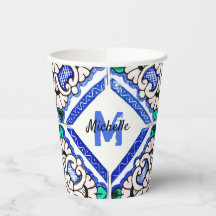 Azulejo Spanish Pattern Tiles Navy White Monogram