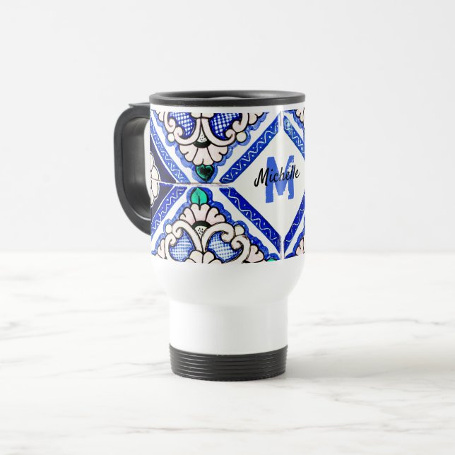 Azulejo Spanish Pattern Tiles Navy White Monogram Reisebecher (Vorderseite Links)