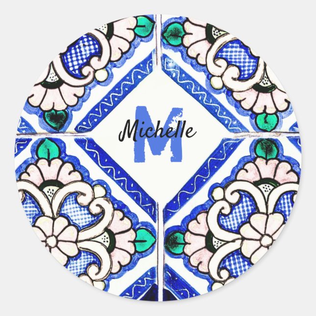 Azulejo Spanish Pattern Tiles Navy White Monogram Runder Aufkleber (Vorderseite)