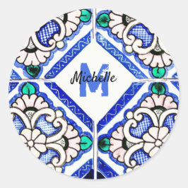 Azulejo Spanish Pattern Tiles Navy White Monogram Runder Aufkleber