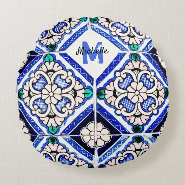 Azulejo Spanish Pattern Tiles Navy White Monogram Rundes Kissen (Vorderseite)