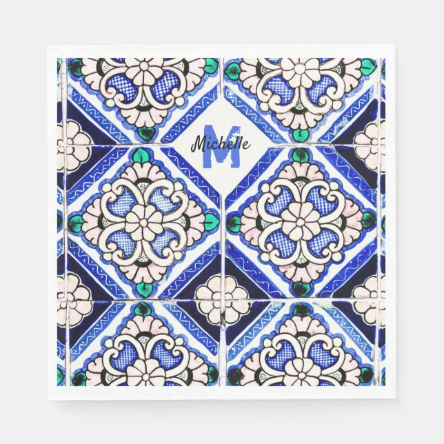 Azulejo Spanish Pattern Tiles Navy White Monogram Serviette (Vorderseite)