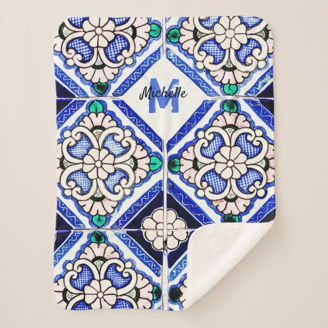 Azulejo Spanish Pattern Tiles Navy White Monogram Sherpadecke (Vorderseite)