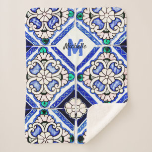 Azulejo Spanish Pattern Tiles Navy White Monogram Sherpadecke