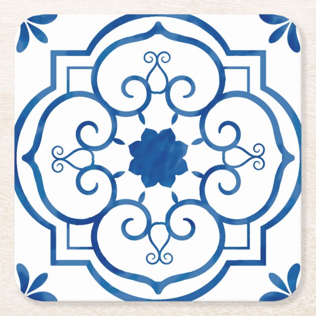 Azulejos Blue White Ceramik Ornament Paper Unterse Rechteckiger Pappuntersetzer (Vorderseite)