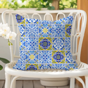 Azulejos Fliesenmuster Blau Weiß Gelb Kissen