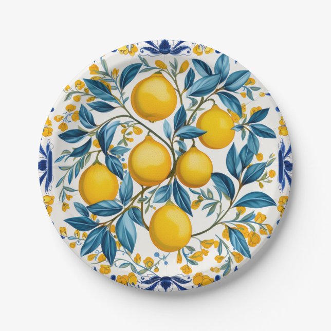💙 💛 Azulejos Lemon Orchard Paper Tellers Pappteller (Vorderseite)