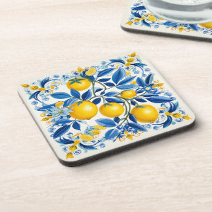 💛 💙 Azulejos mit Zitronen in blau und gelb Getränkeuntersetzer