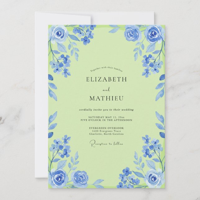 Azur Chartreuse Bemalte Hochzeit Einladung (Vorderseite)