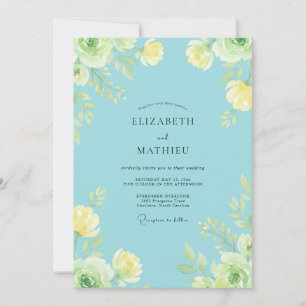 Azur-gelbe Ranunculus-stille Eukalyptus-Hochzeit Einladung