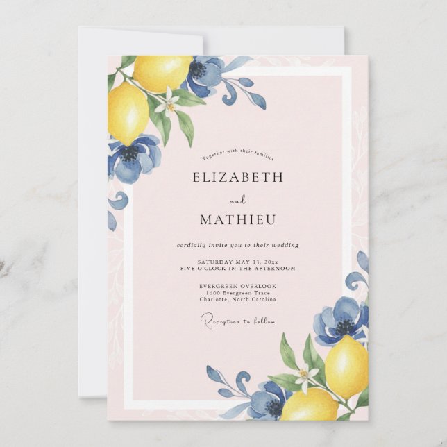 Azur-Limonen-Frucht-Eukalyptus-Hochzeit Einladung (Vorderseite)