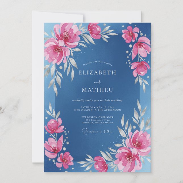 Azur Magenta Hochzeit Einladung (Vorderseite)