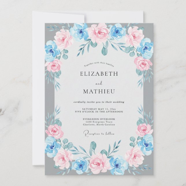 Azurblassene Hochzeit mit Blättern Einladung (Vorderseite)