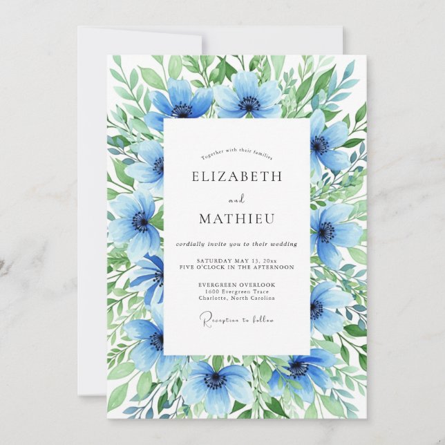 Azurblaue Ätherische Blumenhochzeit Einladung (Vorderseite)