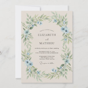 Azurblaue Bemalte Blätter Hochzeit Einladung