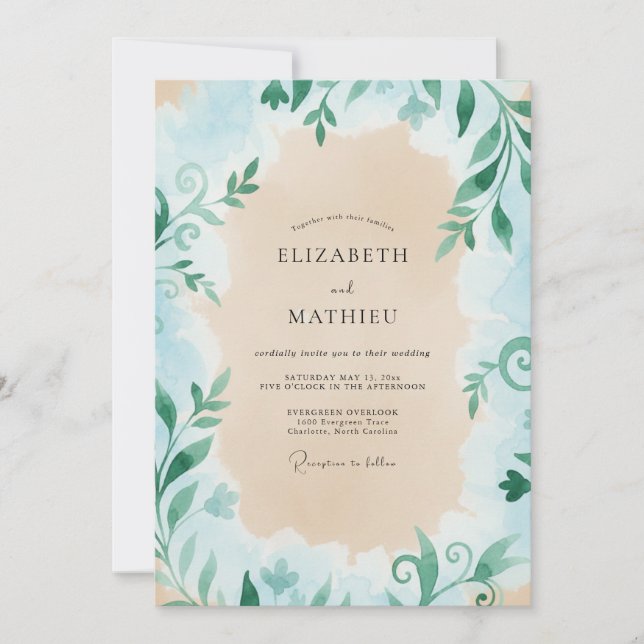 Azurblaue Blätterhochzeit Einladung (Vorderseite)